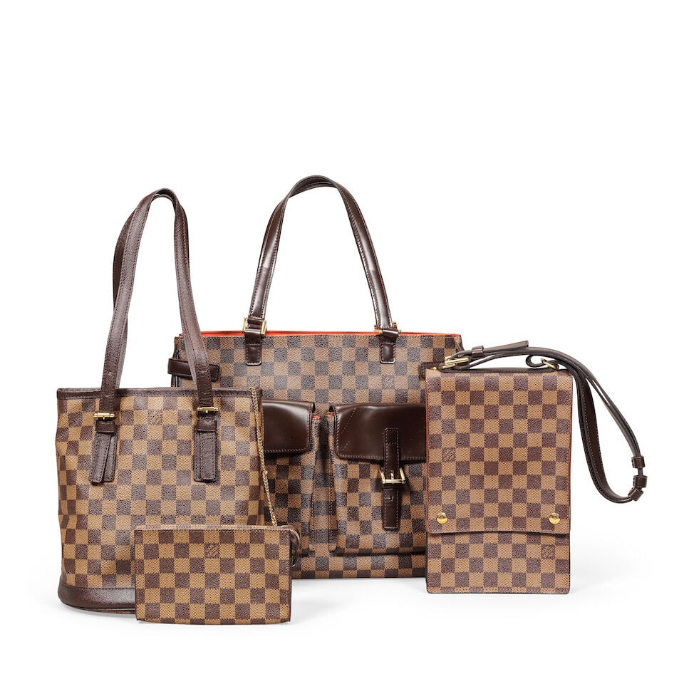 Louis Vuitton: Three Damier Ebene Canvas Handbags (includes dust bags): Louis Vuitton: Three Damier Ebene Canvas Handbags Creative Director: Marc Jacobs To include: a Usez tote, 2004, 36cm wide, 31cm high, a Portobello shoulder bag, 1998, 16.5cm wide, 26cm high, and a Mar