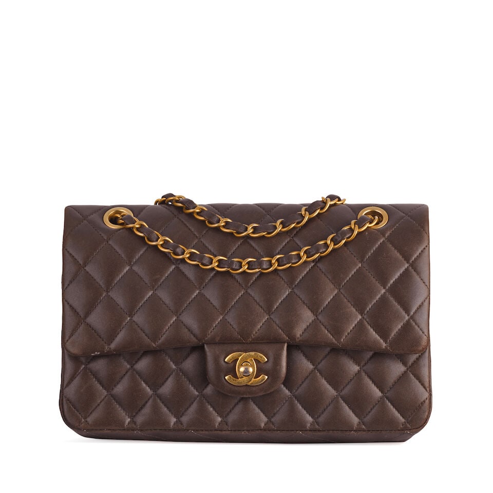 Chanel: a Brown Lambskin Classic Flap Bag 2010-11 (includes serial sticker and authenticity card ) (1 of 2)