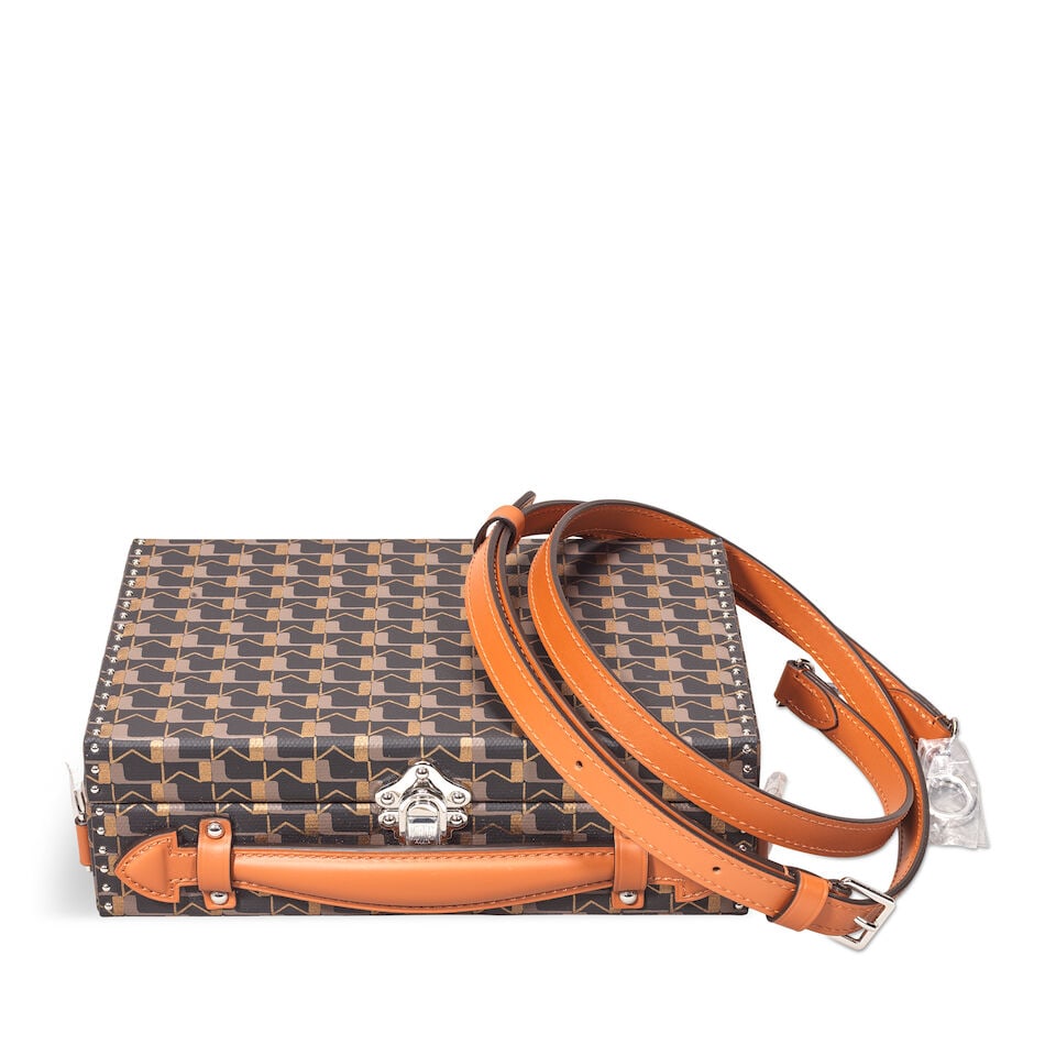 Moynat: a Monogram Little Suitcase Bag c. 2024 (includes shoulder strap, booklet and dust bags): Moynat: a Monogram Little Suitcase Bag c. 2024 1920 M Monogram canvas hard-sided bag, colourway Carbon/Bronze/Cognac, cowhide leather handle and shoulder strap and silver tone hardware, lined in goats