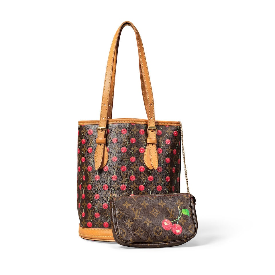 Louis Vuitton x Takashi Murakami: a Cerises Petite Bucket Bag and Pochette 2005: Louis Vuitton x Takashi Murakami: a Cerises Petite Bucket Bag and Pochette 2005 Creative Director: Marc Jacobs Monogram canvas with cherry design, vachetta trim and handles, with matching cherry poche