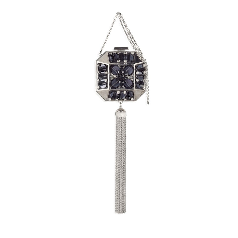 Louis Vuitton: a Black Paillettes and Silver Metal Evening Tassel Minaudière 2013: Louis Vuitton: a Black Paillettes and Silver Metal Evening Tassel Minaudière 2013 3D acrylic monogram motif decorated with clear and black crystals, taupe lambskin interior Condition Grade B- 10c