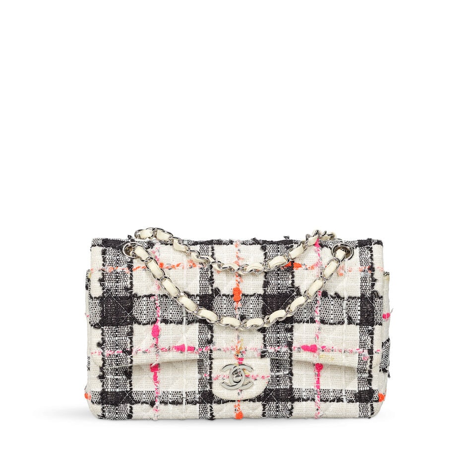 Chanel: a White, Black and Neon Tweed Flap Bag 2020 (includes serial sticker, authenticity card ...: Chanel: a White, Black and Neon Tweed Flap Bag 2020 Creative Director: Virginie Viard White tweed fabric with neon pink, orange and black design, white lambskin leather trim and silver tone hardware C
