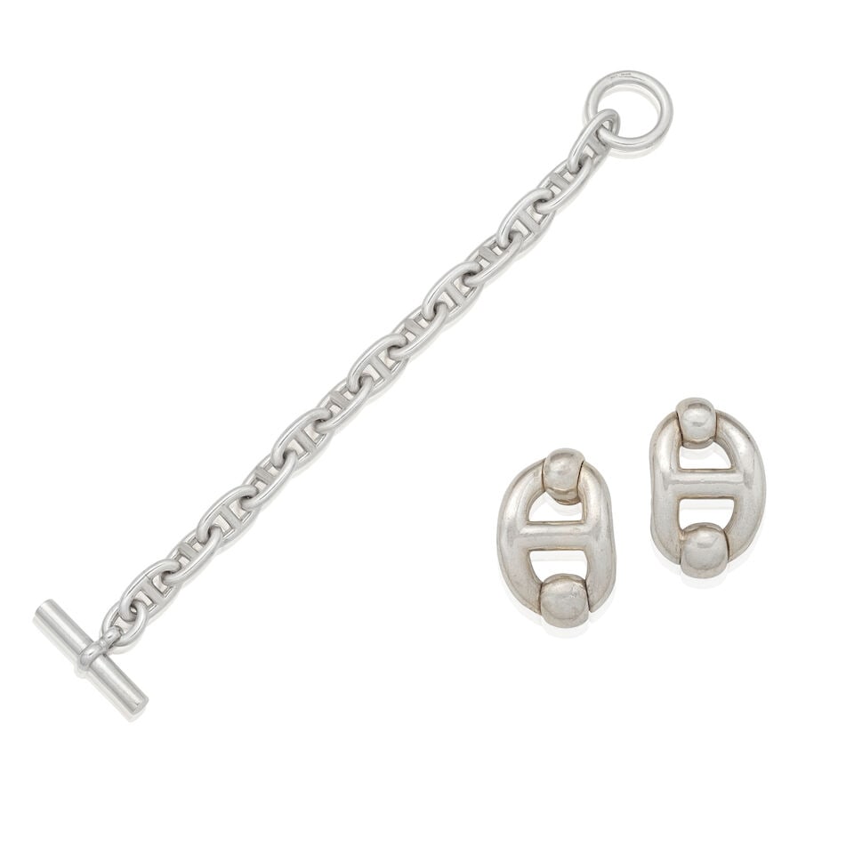 Hermès: a Silver Chaine d'Ancre Bracelet GM and Matching Earrings (includes boxes ) (1 of 5)