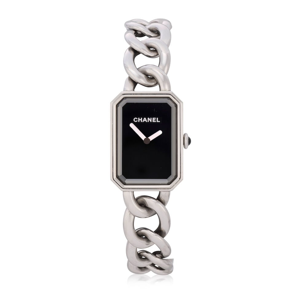 Chanel: a Stainless Steel Première Gourmette Chain Watch c. 2022 (includes certificate of a...: Chanel: a Stainless Steel Première Gourmette Chain Watch c. 2022 Steel case, chain bracelet and clasp with black lacquer dial, crown set with onyx cabochon Condition Grade B Case approx. 28mm x 2