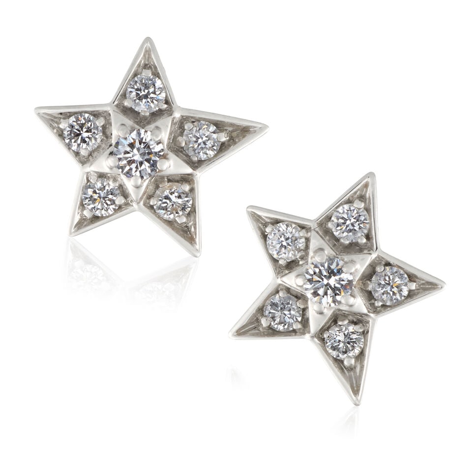 Chanel: a Pair of White Gold and Diamond Comète Géode Earrings Purchased 2024 (include...: Chanel: a Pair of White Gold and Diamond Comète Géode Earrings Purchased 2024 Total approximate diamond weight 0.45ct, stamped 'AU 750' Condition Grade A- Approximately 11mm wide, includes d