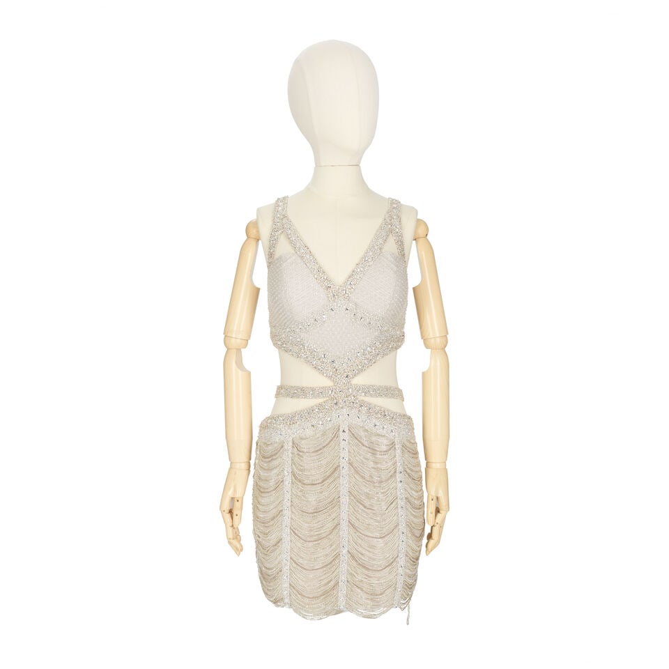 Ralph & Russo Haute Couture: a Custom-Made Crystal Embellished Mini Dress c.2014: Ralph & Russo Haute Couture: a Custom-Made Crystal Embellished Mini Dress c.2014 Heavily embellished with silver beads and crystals with cut-out design to waist and draped bead on skirt Condition Grad