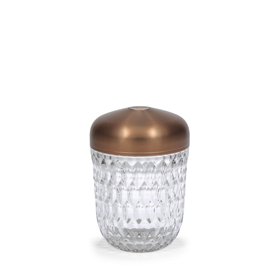 Hermès Saint Louis: a Mini Portable Folia Lamp (includes box): Hermès Saint Louis: a Mini Portable Folia Lamp Rechargeable lamp in a gold tone finish, USB-C charging port Condition Grade A+ 10.5cm wide, 15cm high, 10.5cm deep, includes box Lot to be sold wit
