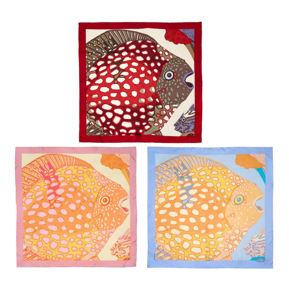 Hermès: Three 'Grandes Fonds II' Silk 90 Scarves (includes boxes): Hermès: Three 'Grandes Fonds II' Silk 90 Scarves Designed by Annie Faivre in 2001 In colourways light blue, dark red and pink respectively (3) Condition Grade A/A- 90cm x 90cm, includes boxes Lot