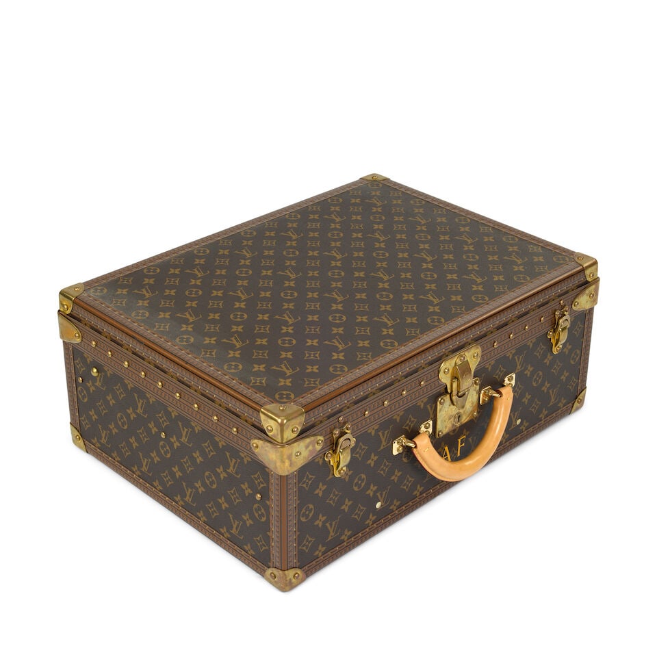 Louis Vuitton: a Monogram Alzer 55 Suitcase (includes cloche and keys): Louis Vuitton: a Monogram Alzer 55 Suitcase Hard-sided monogram canvas with leather trim, vachetta handle, gilt brass hardware, removable interior tray, personalised 'A F' Condition Grade A- 57cm wide