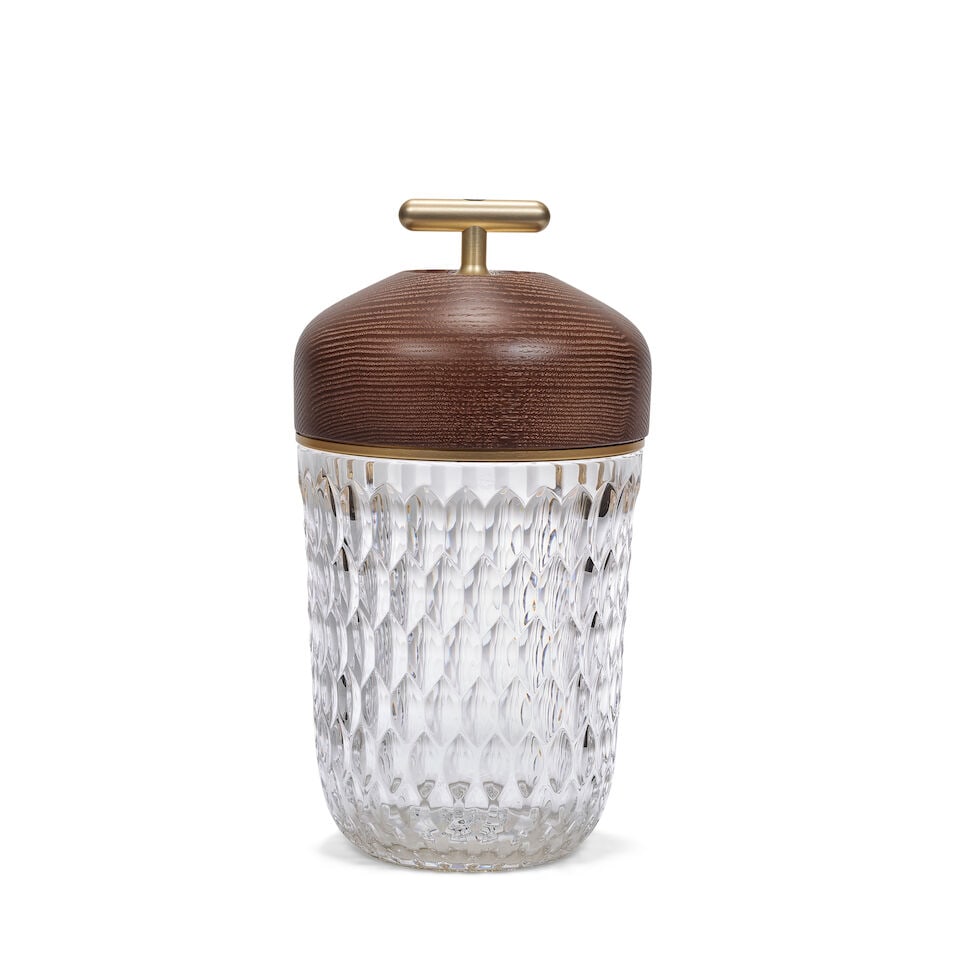 Hermès Saint Louis: a Dark Wood Clear Crystal Portable Folia Lamp (includes booklets and box): Hermès Saint Louis: a Dark Wood Clear Crystal Portable Folia Lamp Rechargeable lamp in a dark wood and brushed light gold tone finish, USB-C charging port Condition Grade A+ 15.4cm wide, 29cm hig