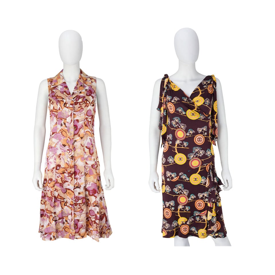 Chanel: a Multicolour Silk Twinset & a Jersey Dress Spring 2005 and Spring 2001: Chanel: a Multicolour Silk Twinset & a Jersey Dress Spring 2005 and Spring 2001 Creative Director: Karl Lagerfeld Apricot and lilac graphic 'COCO' printed silk slip dress, with sleeveless long