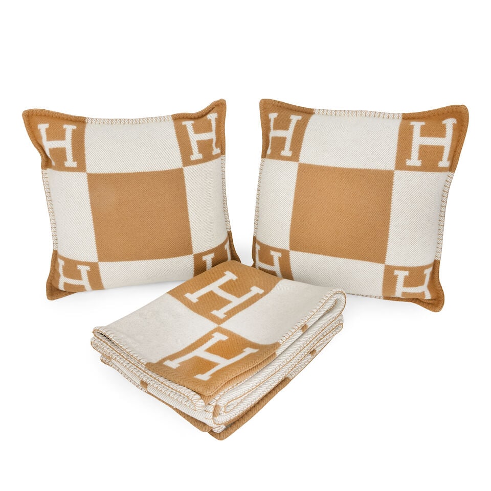 Hermès: Two Écru and Camel Wool & Cashmere Avalon Pillows and a Blanket (includes dust... (1 of 1)