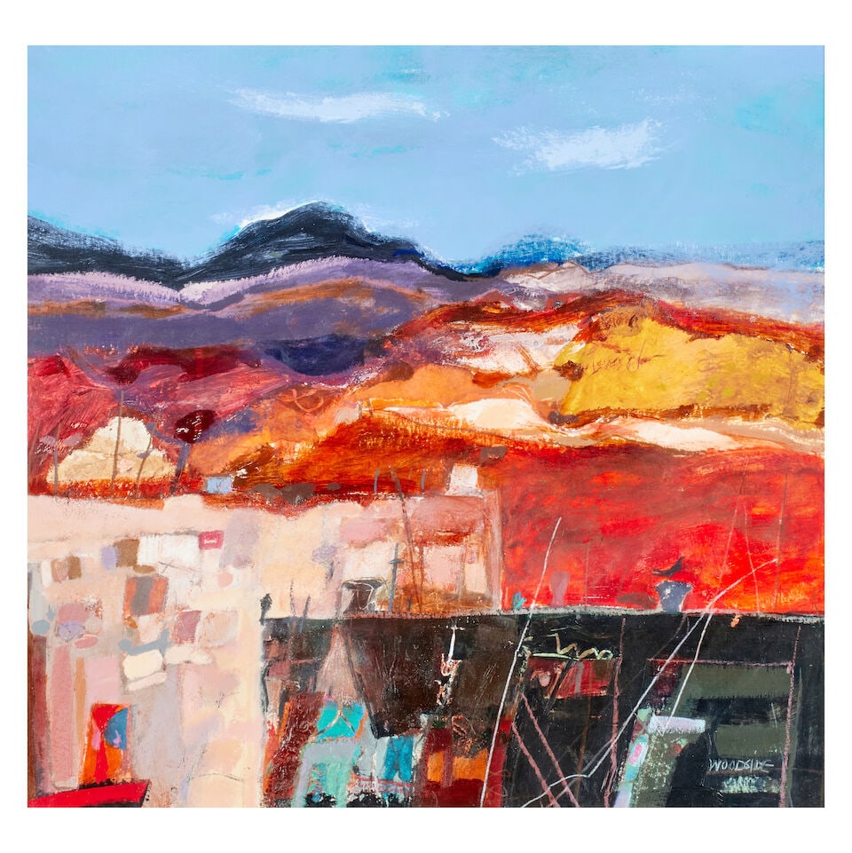 Christine A. Woodside RSW, RGI (British, born 1946) West Coast Harbour: Christine A. Woodside RSW, RGI (British, born 1946) West Coast Harbour signed 'WOODSIDE' (lower right), titled (verso) mixed media on board 58 x 60cm (22 13/16 x 23 5/8in). This lot is subject to the 