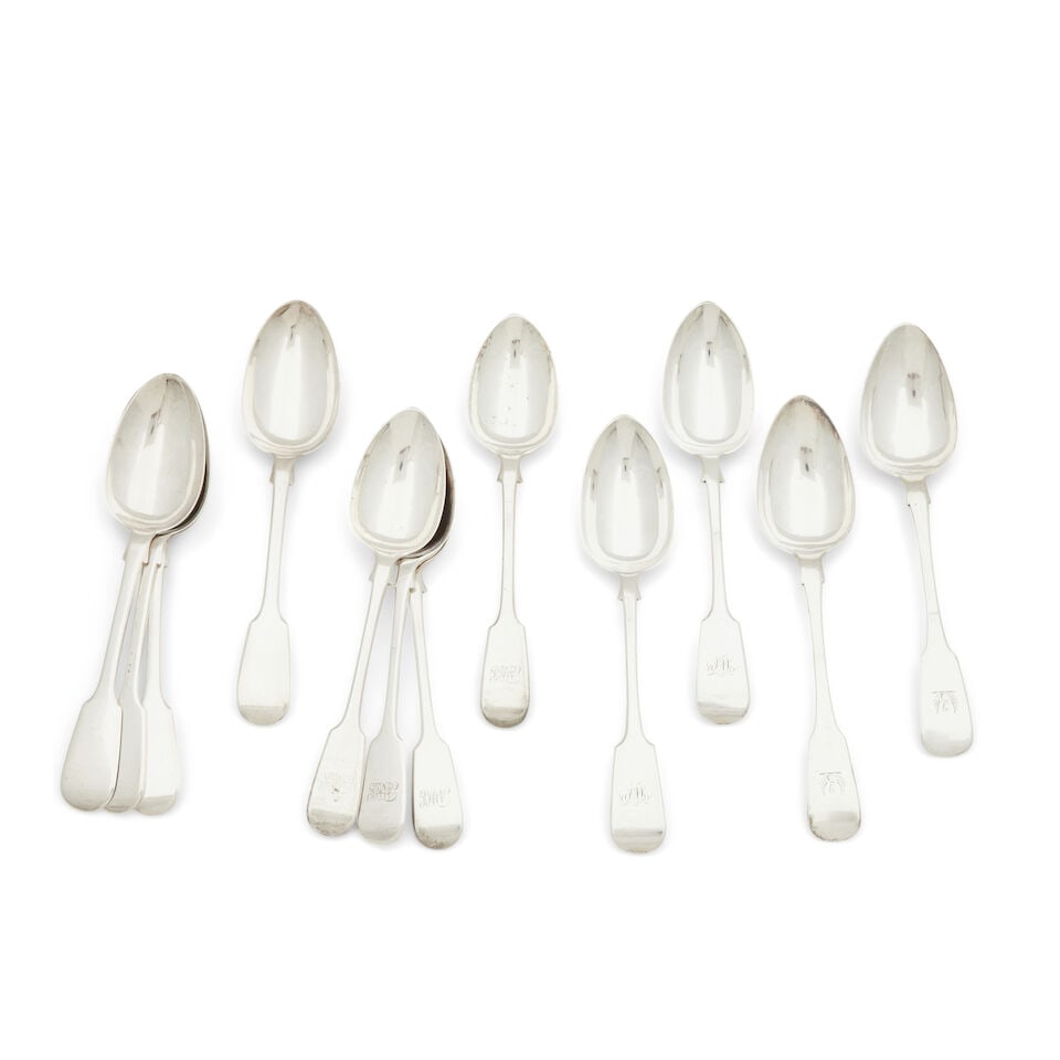 Twelve fiddle pattern table spoons various makers and dates (1 of 1)