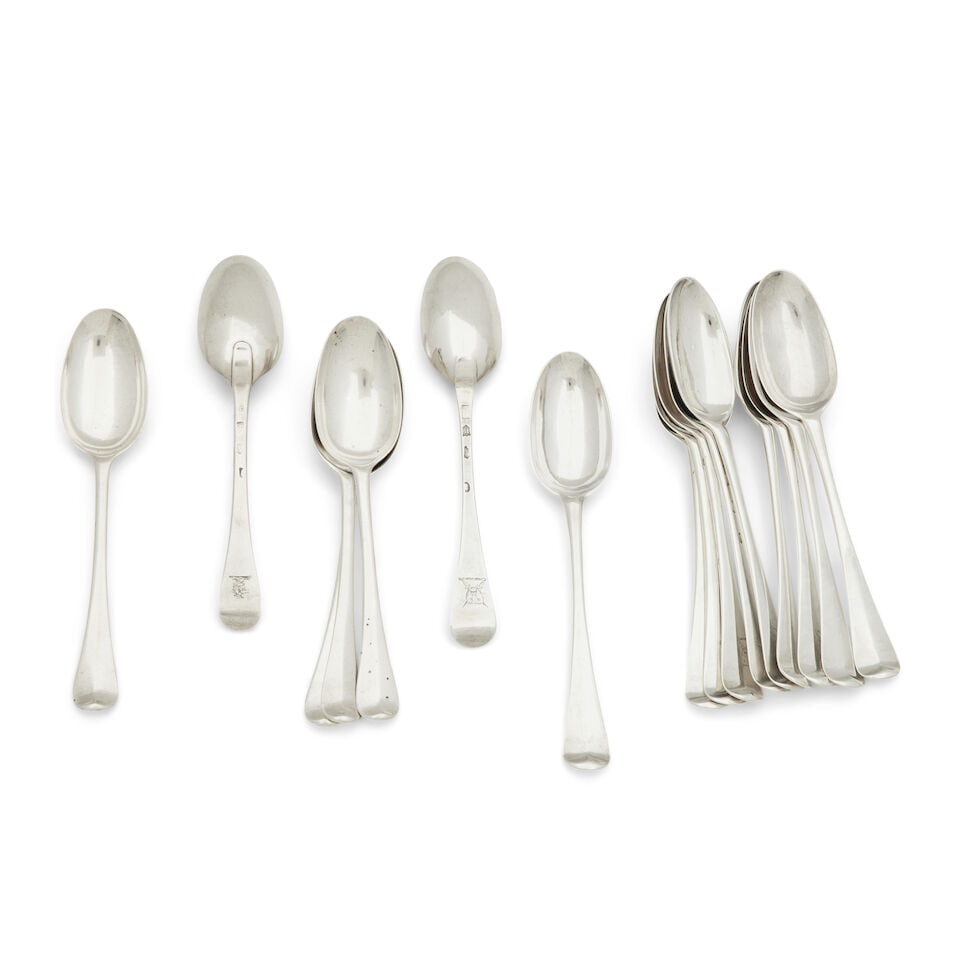 A set of eleven George III Irish bottom struck table spoons David Peter, Dublin 1765 (1 of 1)