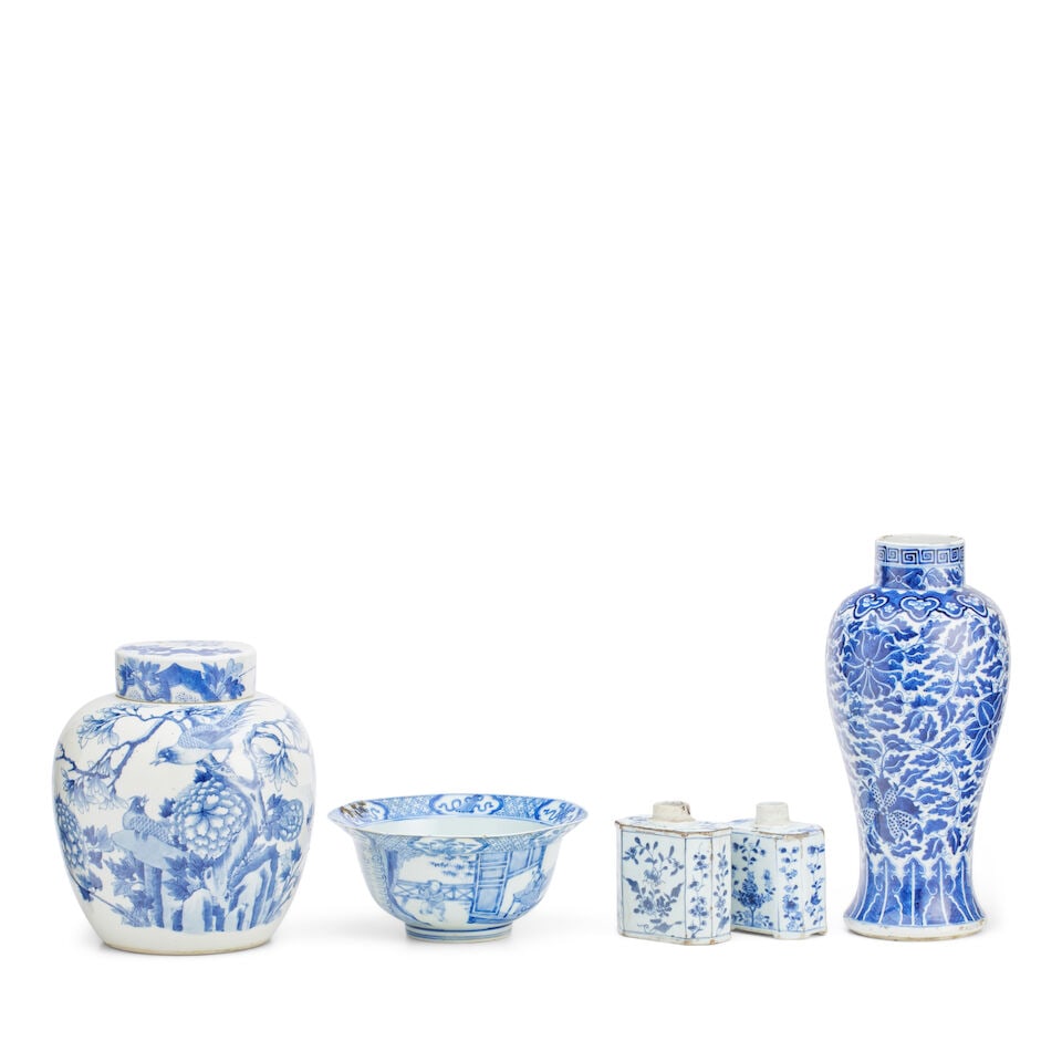 A collection Chinese blue and white porcelain 18th/19th century (5): A collection Chinese blue and white porcelain 18th/19th century Comprising a bowl with everted rim, six character Chenghua mark but 18th/19th century, painted with panels of figures on a terrace, the 