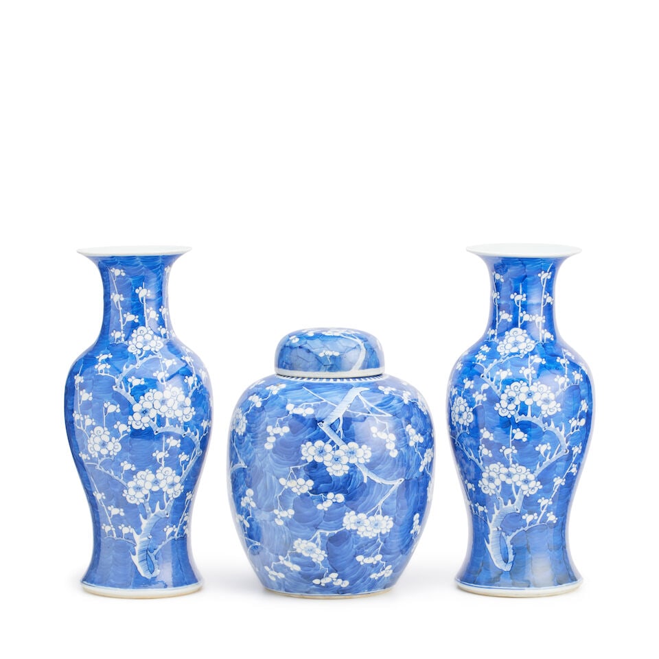 A pair of large Chinese blue and white baluster vases Late Qing (3): A pair of large Chinese blue and white baluster vases Late Qing Painted with prunus blossom against a cracked ice ground, double ring mark, 40cm high, together with a ginger jar and cover painted in t
