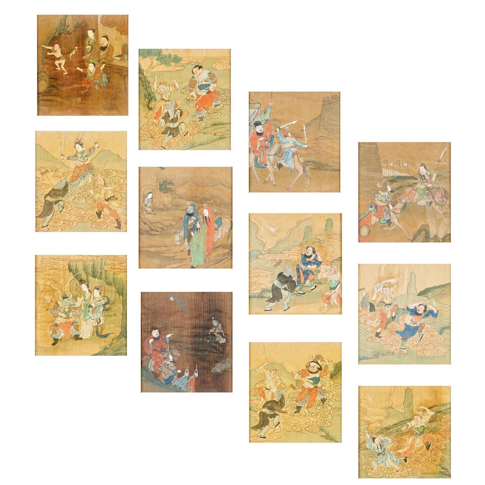 A set of Chinese paintings Republic (13): A set of Chinese paintings Republic Each painted in gouache with scenes of immortals engaged in various pursuits, in ebonised frames, two with framers label for Bor Kee, 58 Wellington Street, Hong Kon