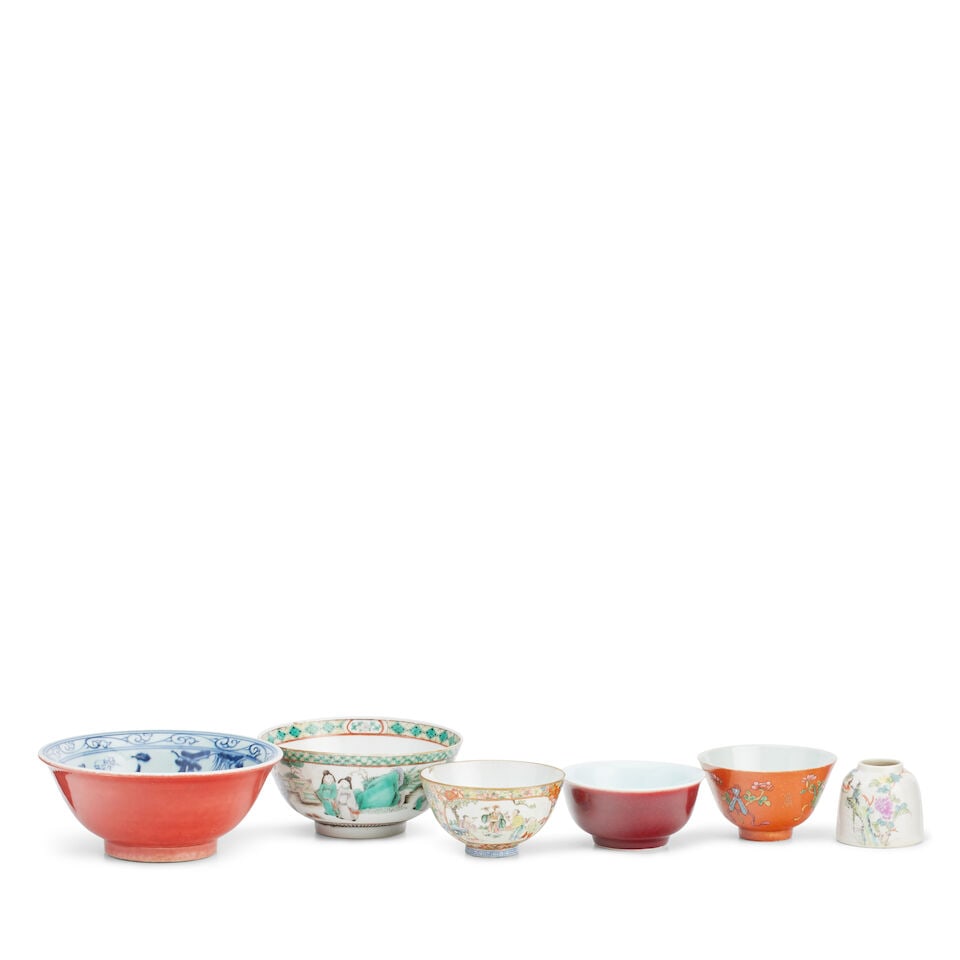 A Chinese famille rose bowl Qianlong underglaze blue seal mark but later (6): A Chinese famille rose bowl Qianlong underglaze blue seal mark but later Painted to each side with an oval panel of figures on a millefleur ground, 10.8cm diameter, a famille verte bowl painted with f
