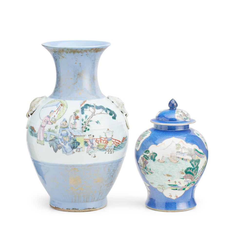 A Chinese famille rose baluster vase Qianlong seal mark but 19th century (2): A Chinese famille rose baluster vase Qianlong seal mark but 19th century painted with a band of figures in a landscape between Clare de lune bands embellished in gilt with scrolling lotus, with elepha