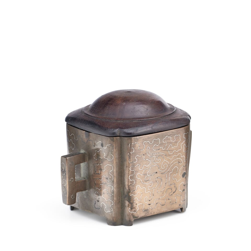 A small Chinese silver inlaid bronze censer and wooden cover Shisou mark, 18th century or later (1 of 2)