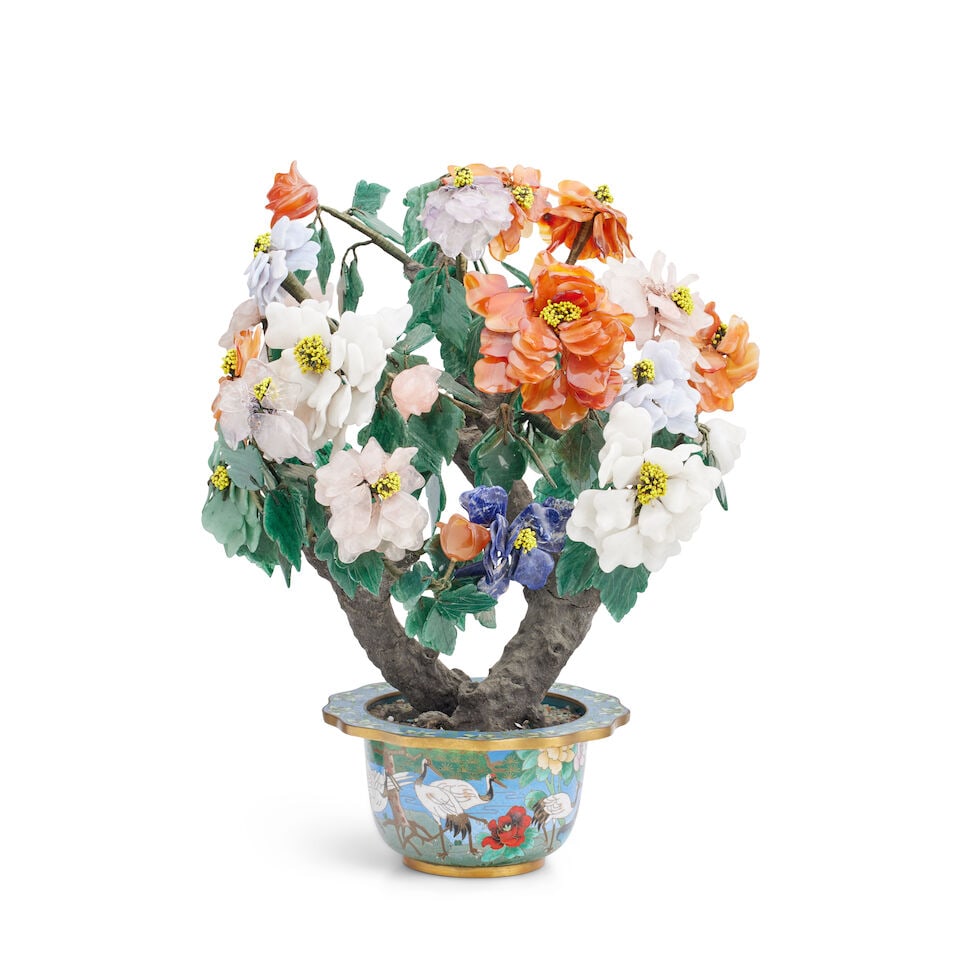 A Chinese hardstone model of a tree in a cloisonné jardinière 20th century (1 of 1)
