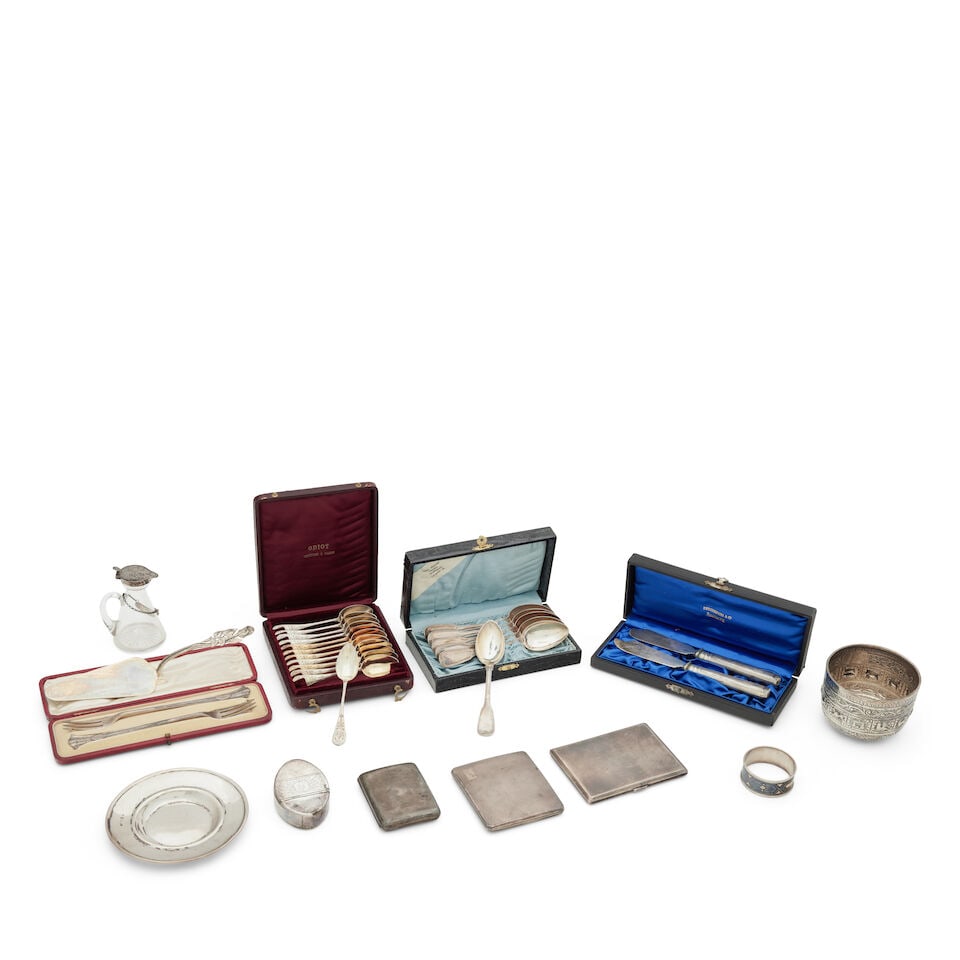 A collection of silver various makers and dates: A collection of silver various makers and dates Comprising a Victorian zodiac pattern sugar bowl, London 1895, a cased set of 19th French teaspoons by Odiot of Paris, a cased set of six German teaspoo