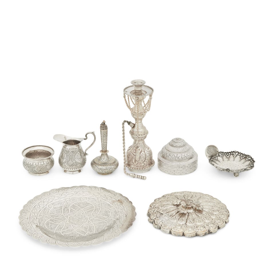 A collection of foreign silver various makers and dates (8): A collection of foreign silver various makers and dates Comprising an Egyptian dish chased with strapwork and inscribed UAR.FF.25.1.1963, 21.7cm diameter, an Egyptian hookah, 19.5cm high, an Egyptian 