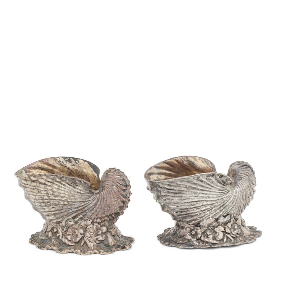 A matched pair of silver nautilus shell salts the first Joseph Angell I, London, 1834, the secon... (1 of 1)