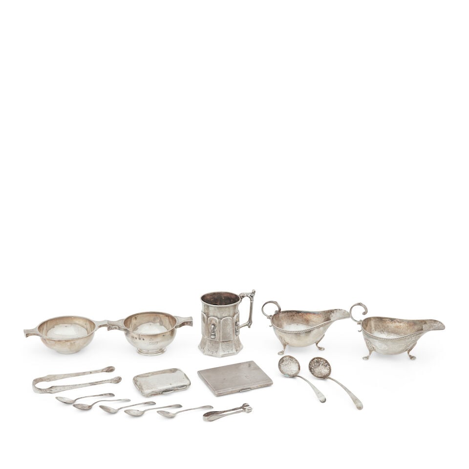 Two silver quaichs Brooks and Sons, Edinburgh 1883 and 1901: Two silver quaichs Brooks and Sons, Edinburgh 1883 and 1901 Both of typical form, the first with engraved crest and inscribed with Latin verse, 5cm and 4cm high respectively; together with a Victorian