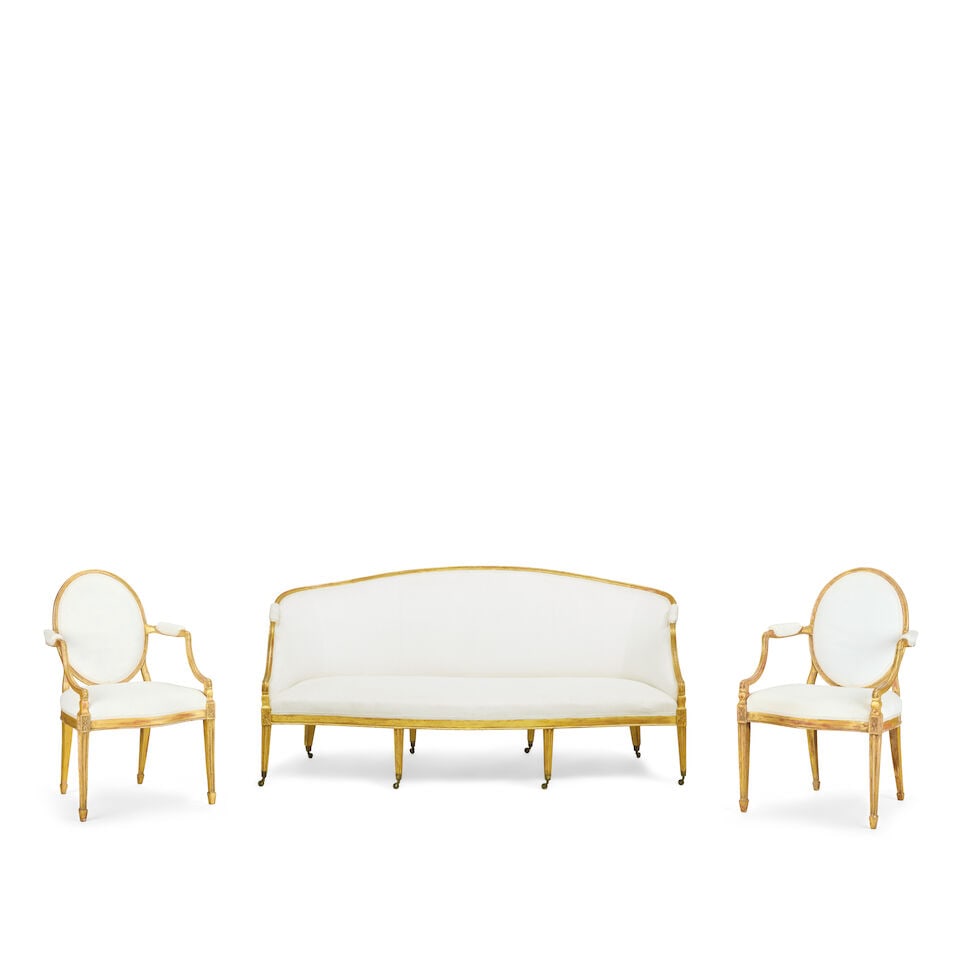 The Myrton Castle Suite: A George III carved giltwood suite to include a pair of sofas and a pai... (1 of 8)