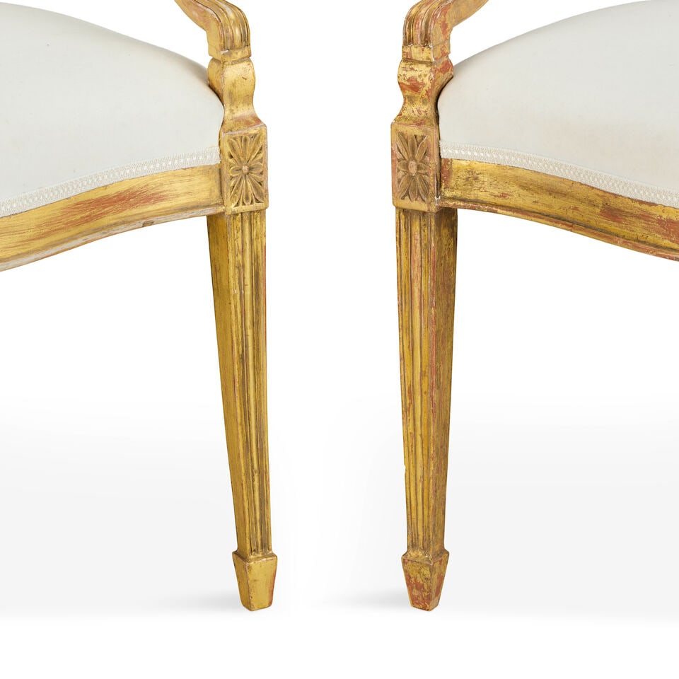 The Myrton Castle Suite: A George III carved giltwood suite to include a pair of sofas and a pai... - 6