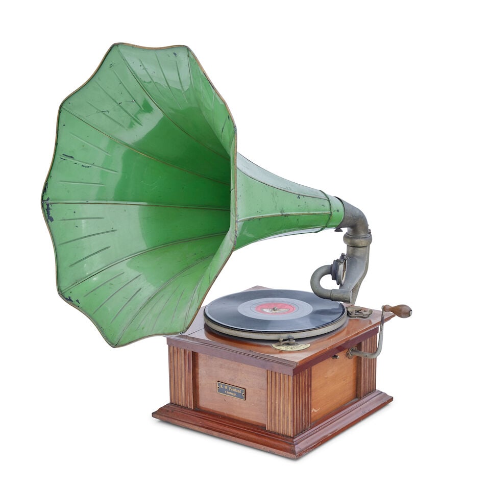 A mahogany cased gramophone bearing trade label for the Gramophone company 21 City road London. (1 of 5)