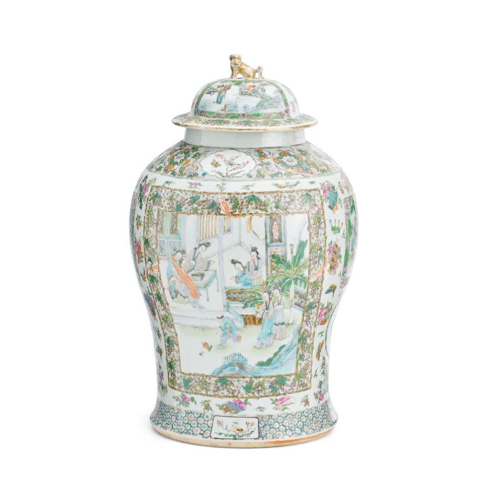 A famille verte vase and cover 19th century: A famille verte vase and cover 19th century Of baluster form enamelled with two large rectangular panels of courtly ladies, the sides with smaller panels, against a ground filled with flowers, butterf