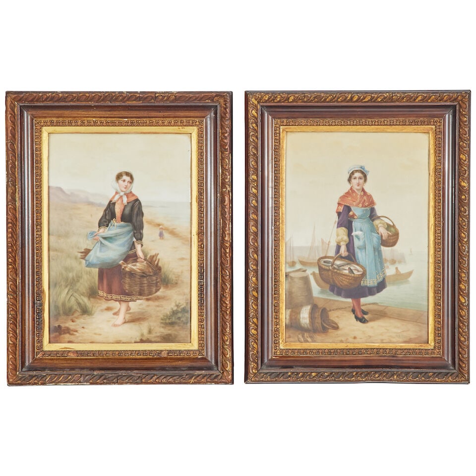 A pair of KPM Berlin porcelain plaques after Jourdain: A pair of KPM Berlin porcelain plaques after Jourdain Each portraying a young woman, the first carrying a basket of kindling, the second a basket of fish, impressed sceptre and cross marks, 23cm high,