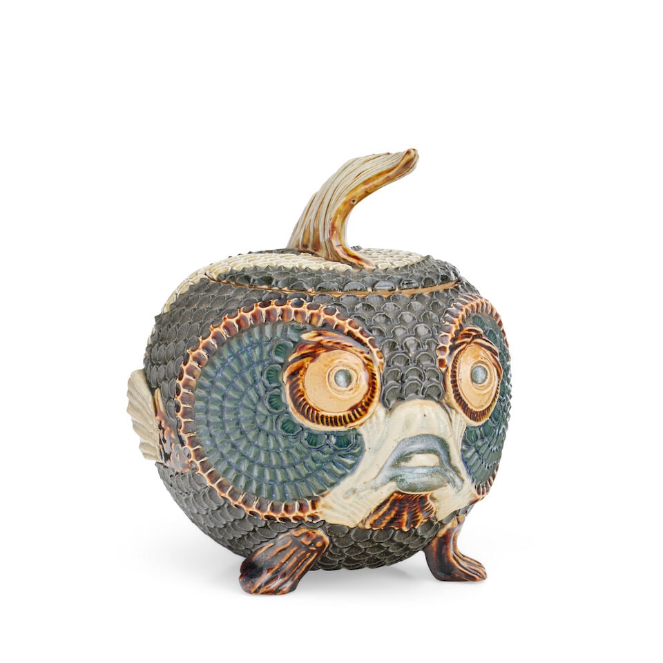 Mark Marshall, attributed, for Doulton Lambeth A Comical Stoneware Model of a Blowfish, circa 1885: Mark Marshall, attributed, for Doulton Lambeth A Comical Stoneware Model of a Blowfish, circa 1885 Fashioned as a globular vessel and cover, raised up on three modelled fin feet, the lid with large fi