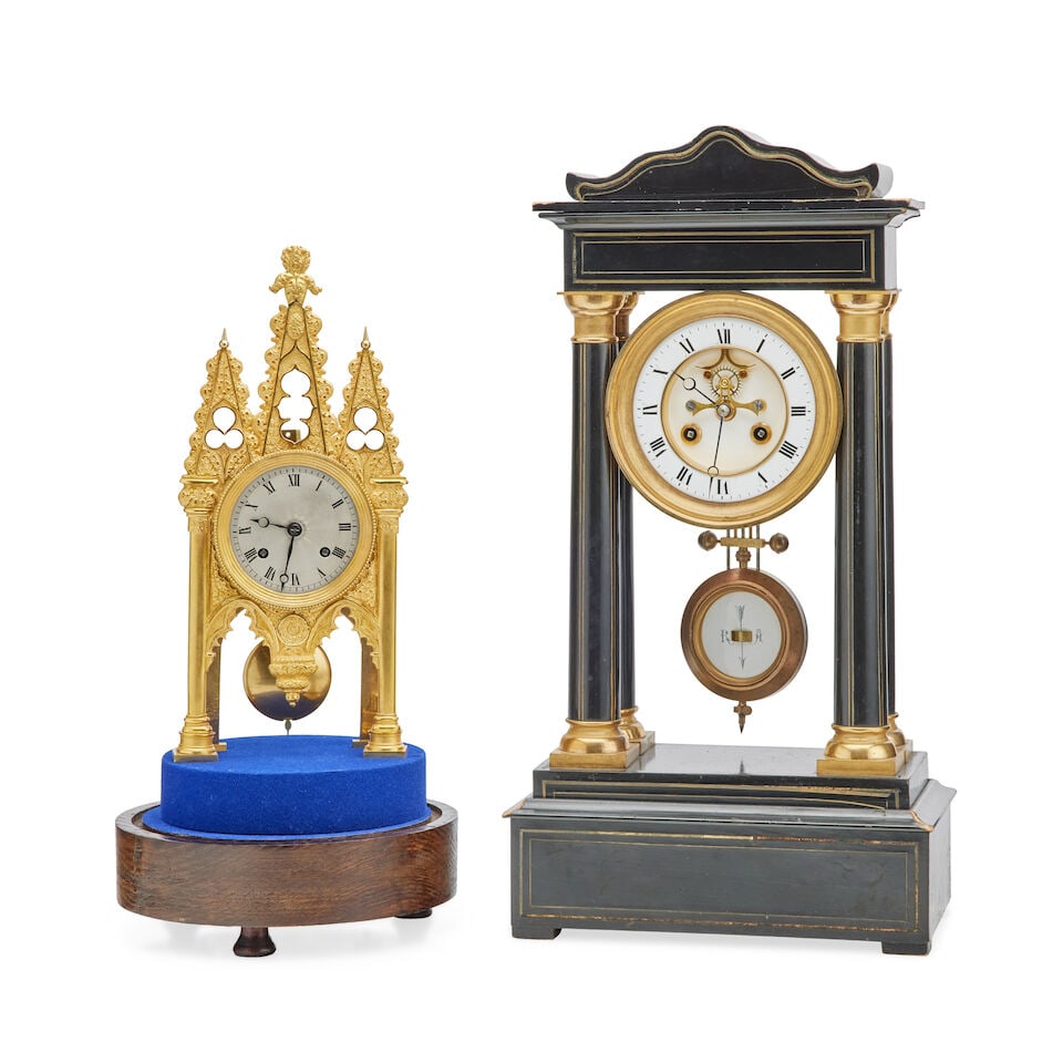 A late 19th early 20th century ebonised and brass mounted portico clock (1 of 1)
