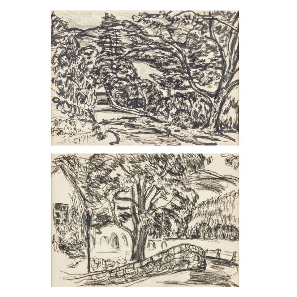 Sir William MacTaggart PPRSA RA FRSE HonRSW LLD (British, 1903-1981) Two works on paper;: Sir William MacTaggart PPRSA RA FRSE HonRSW LLD (British, 1903-1981) Two works on paper; Road through woodland studio stamp no.230 (verso) ink and charcoal together with another similar of a stone wal