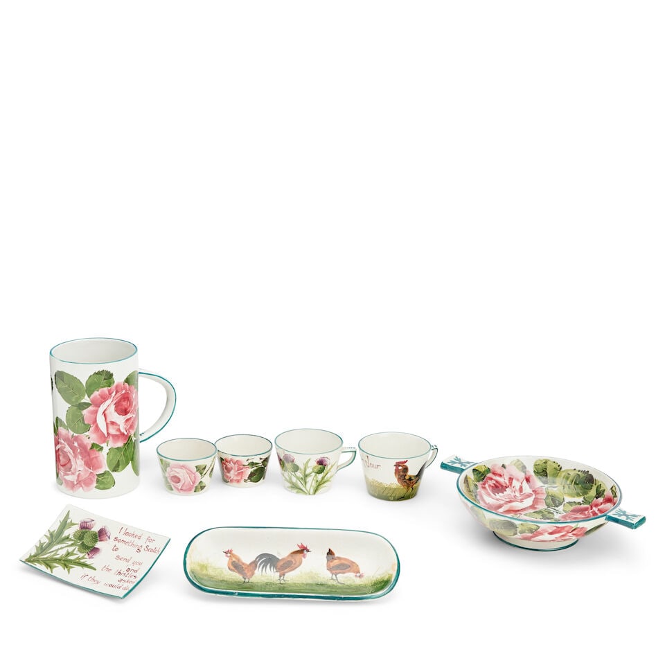 A collection of Wemyss Ware, Circa 1900: A collection of Wemyss Ware, Circa 1900 Comprising, a Quaich decorated with cabbage roses, the base stamped and pained mark 'Wemyss T Goode 8/60', 26cm across the handles, , a tankard decorated with r