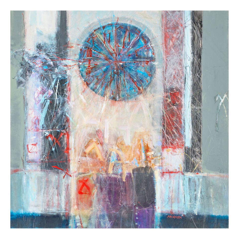 Charles MacQueen RSW RGI (British, born 1940) Rose Window: Charles MacQueen RSW RGI (British, born 1940) Rose Window signed 'MACQUEEN' (lower right), titled (verso) mixed media on board 73 x 73cm (28 3/4 x 28 3/4in). This lot is subject to the following lot s
