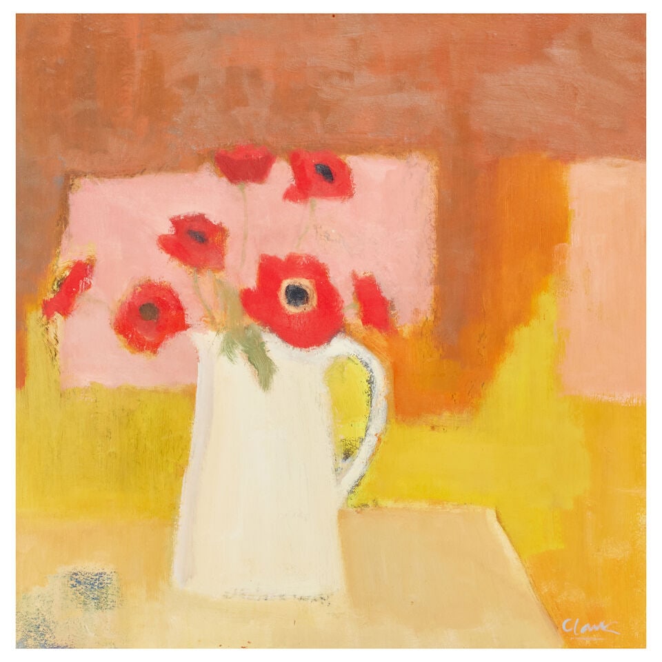 Michael Clark RGI RSW PAI (British, born 1954) Poppies in a white jug: Michael Clark RGI RSW PAI (British, born 1954) Poppies in a white jug signed 'Clark' (lower right) oil on canvas 55.9 x 55.9cm (22 x 22in). This lot is subject to the following lot symbols: AR AR Good
