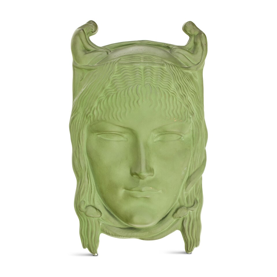 Richard (Louis) Garbe RA FRBS (1876-1957) for Doulton & Co., 'Fate', A Ceramic Wall Mask, circa ...: Richard (Louis) Garbe RA FRBS (1876-1957) for Doulton & Co., 'Fate', A Ceramic Wall Mask, circa 1921 Modelled as the head of a female, her hair entwined with serpents, flanked by two miniature kneelin