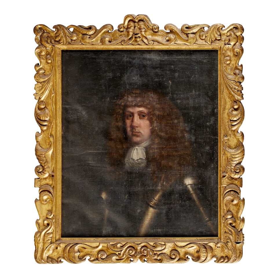Scottish School (17th Century) Portrait of a gentleman, bust length, wearing armour (in a carved...: Scottish School (17th Century) Portrait of a gentleman, bust length, wearing armour oil on canvas 77 x 64.5cm (30 5/16 x 25 3/8in). in a carved giltwood Sunderland style frame For further information 