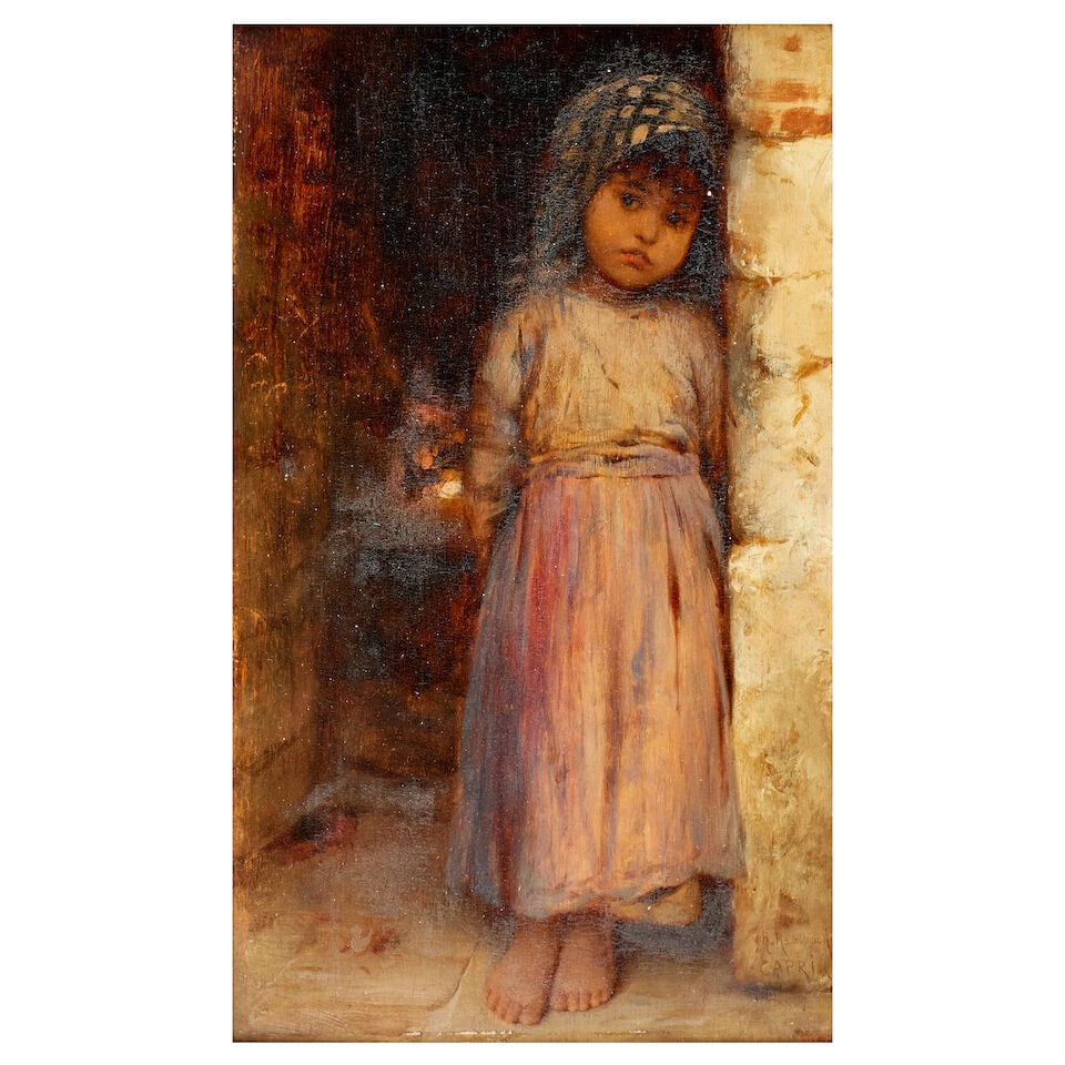 Hermann Kaulbach (German, 1846-1909) Girl in a door way, Capri: Hermann Kaulbach (German, 1846-1909) Girl in a door way, Capri signed 'h. Kaulbach/CAPRi' (lower right) oil on panel 24.1 x 14cm (9 1/2 x 5 1/2in). For further information on this lot please visit Bon