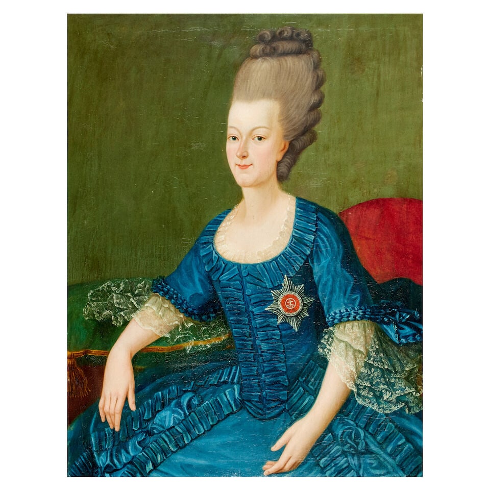 Manner of Alexander Roslin Portrait of a lady wearing the Order of St Catherine: Manner of Alexander Roslin Portrait of a lady wearing the Order of St Catherine oil on canvas 99.5 x 80cm (39 3/16 x 31 1/2in). For further information on this lot please visit Bonhams.com For
