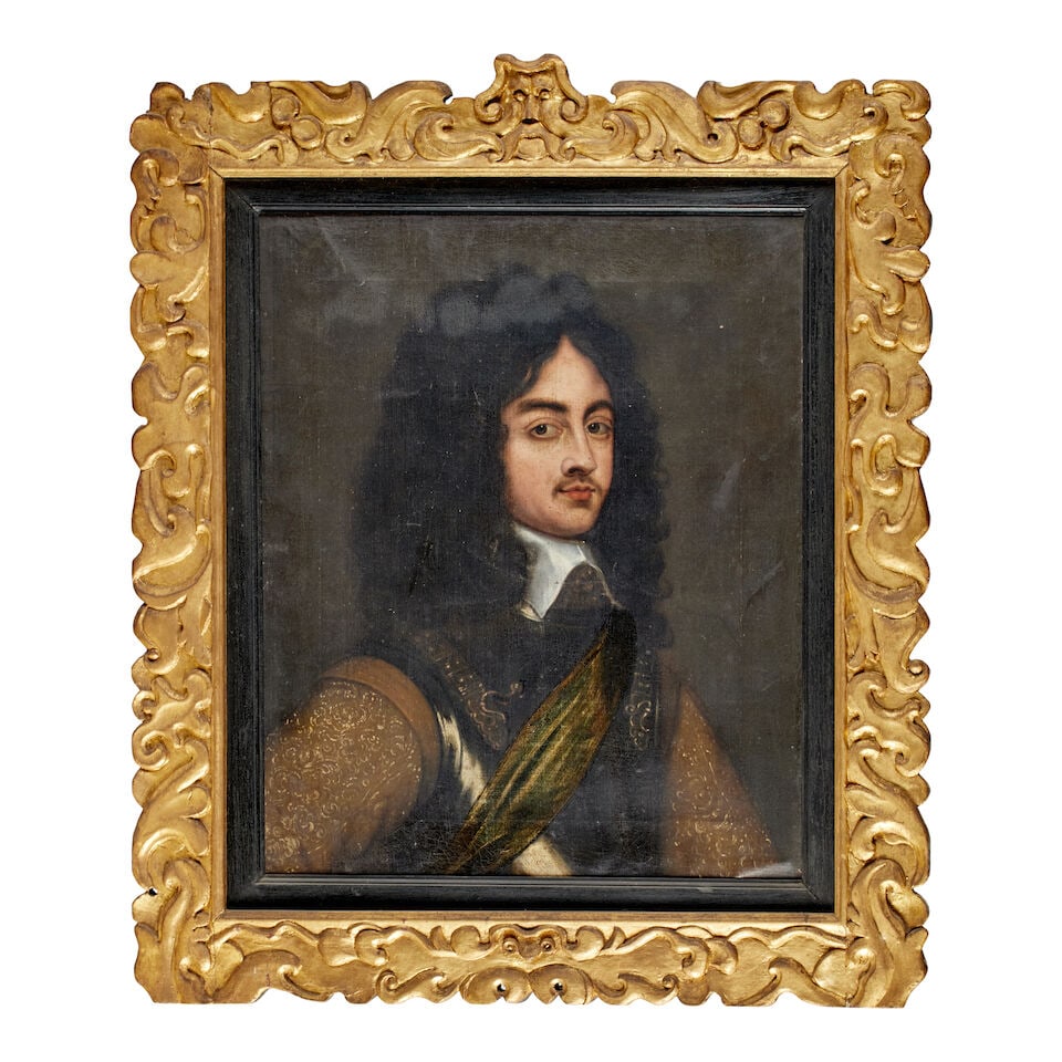 After Adriaen Hanneman Scottish School (18th Century) Portrait of Charles II wearing armour and ...: After Adriaen Hanneman Scottish School (18th Century) Portrait of Charles II wearing armour and sash oil on canvas 70 x 57.5cm (27 9/16 x 22 5/8in). With an ebonised slip and carved giltwood Sunderlan