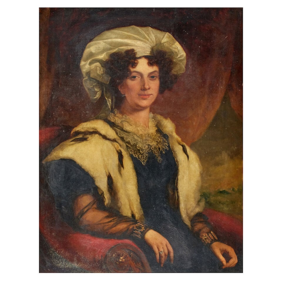 English School (19th Century) Portrait of a lady from the Graeme family, half-length, sitting in...: English School (19th Century) Portrait of a lady from the Graeme family, half-length, sitting in an armchair oil on canvas 91 x 71cm (35 13/16 x 27 15/16in). Footnotes: Bonnar & Carfrae, 77 George St,