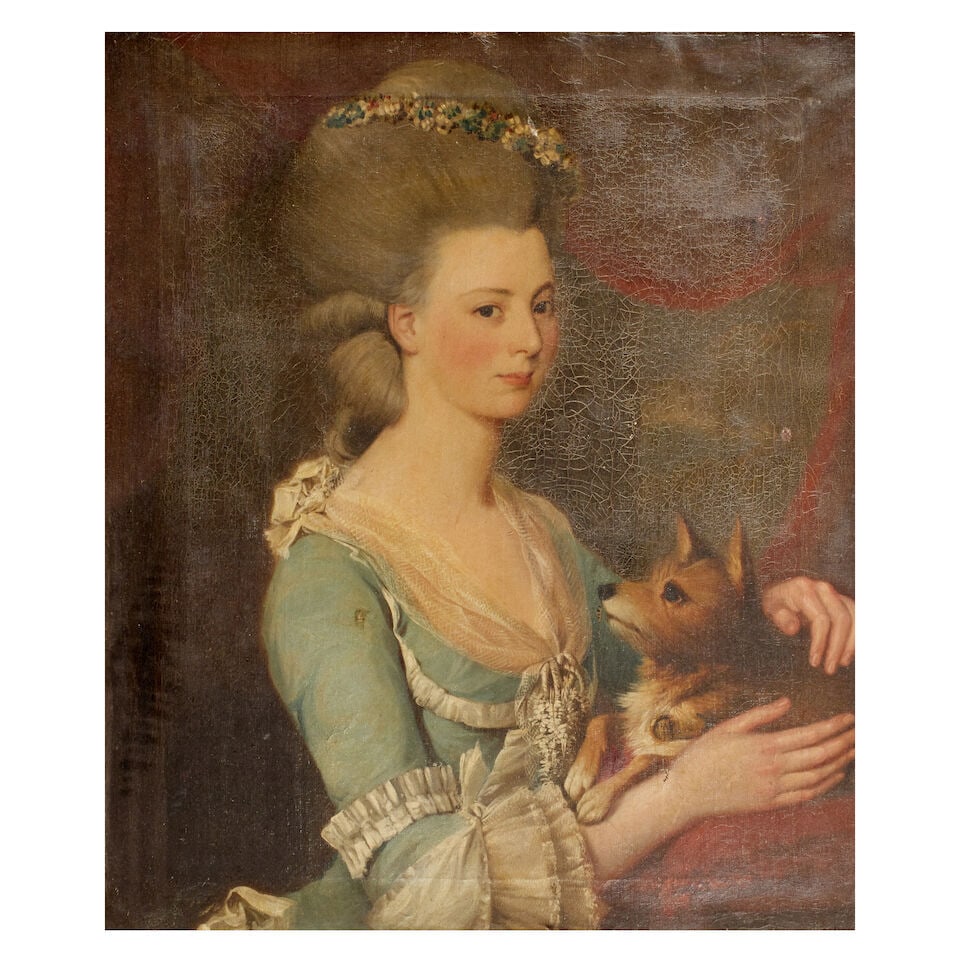 Scottish School (late 18th/early 19th Century) Portrait of Louisa Maria Henrietta Graeme (b.1760...: Scottish School (late 18th/early 19th Century) Portrait of Louisa Maria Henrietta Graeme (b.1760), married Robert Stewart of Fincastle 1792, holding her pet dog on her lap oil on canvas 75.5 x 64.5cm 