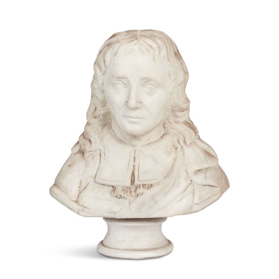 A marble bust of a gentleman possibly John Milton, probably 17th century: A marble bust of a gentleman possibly John Milton, probably 17th century Raised on a circular socle base, 39 wide, 17cm deep, 46cm high (15in wide, 6 1/2in deep, 18in high) For further information on 