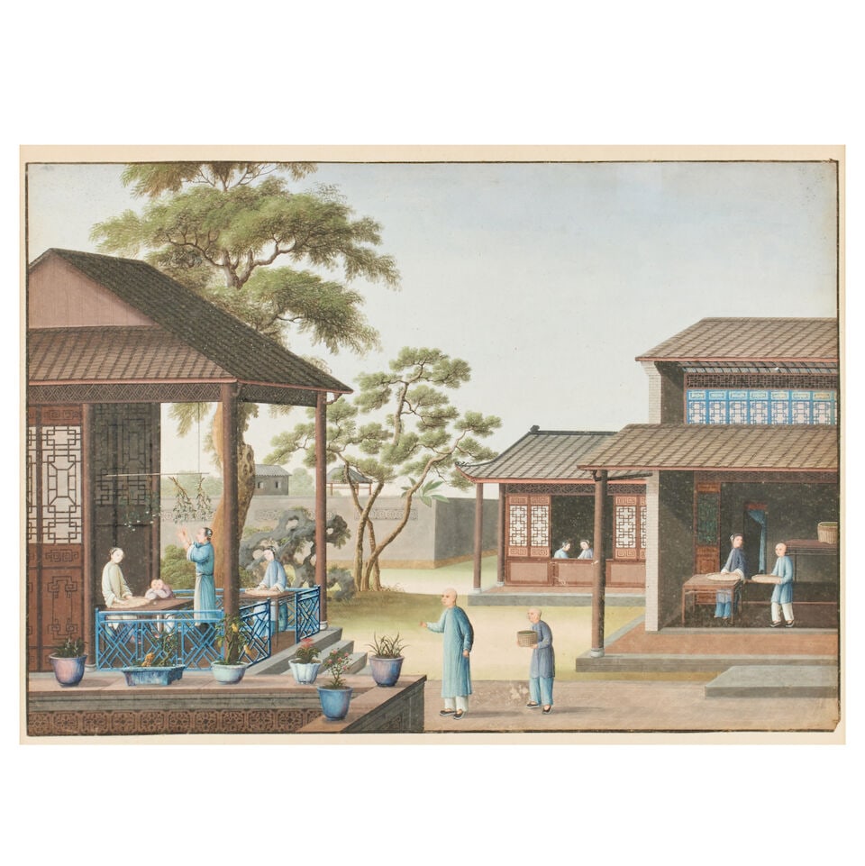 A Chinese trade painting Mid 19th century: A Chinese trade painting Mid 19th century Depicting silk production shop, in carved and pierced wooden frame decorated with dragons, figures and clouds 38 x 54cm For further information on this lot pl